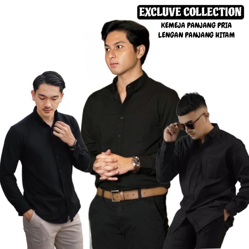 EXCLUVE Kemeja Pria Lengan Panjang Hitam Slimfit | Kaos Hem Pria Kualitas Premium