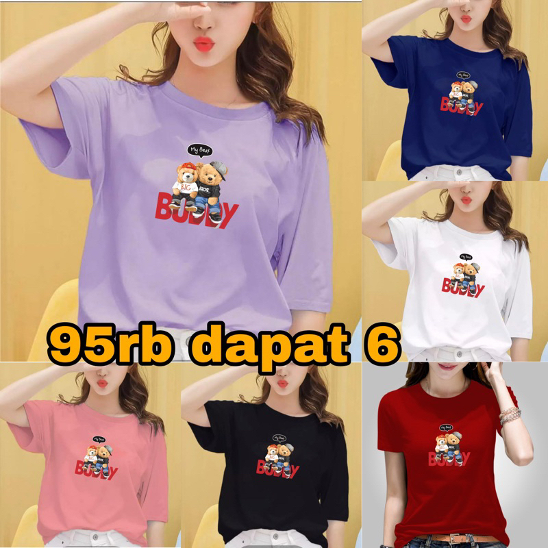 kaos atasan wanita 100rb dapat 6 motif bear buddy bahan babyterry