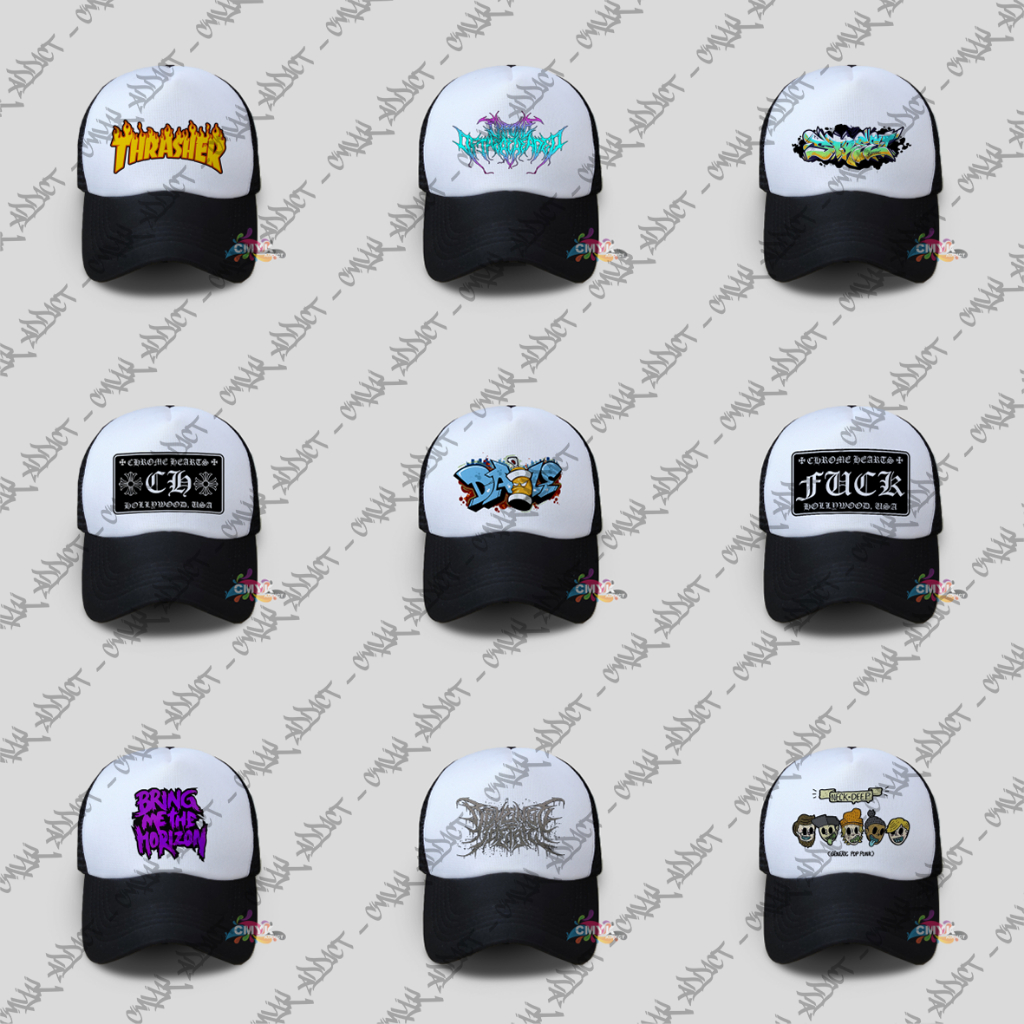 Topi Jaring Trucker Sablon DTF Graffiti Band CH Pria Wanita