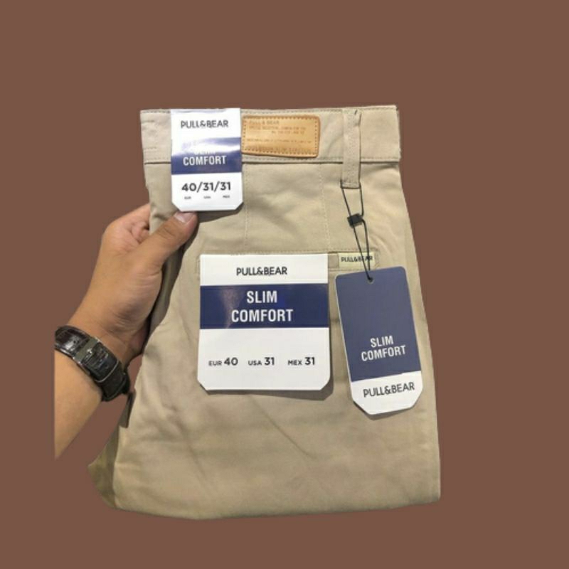 Pull & Bear celana chino pria slim fit stretch premium import original branded clana katun chinos fo