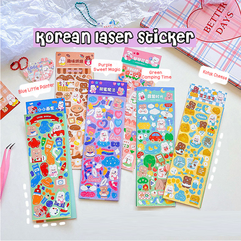 

KOREAN LASER STIKER ISI 2LEMBAR GLITTER HOLOGRAM MOTIF RABBIT BEAR MOMO CUTE LUCU WATERPROOF SUDAH CUTTING vincess