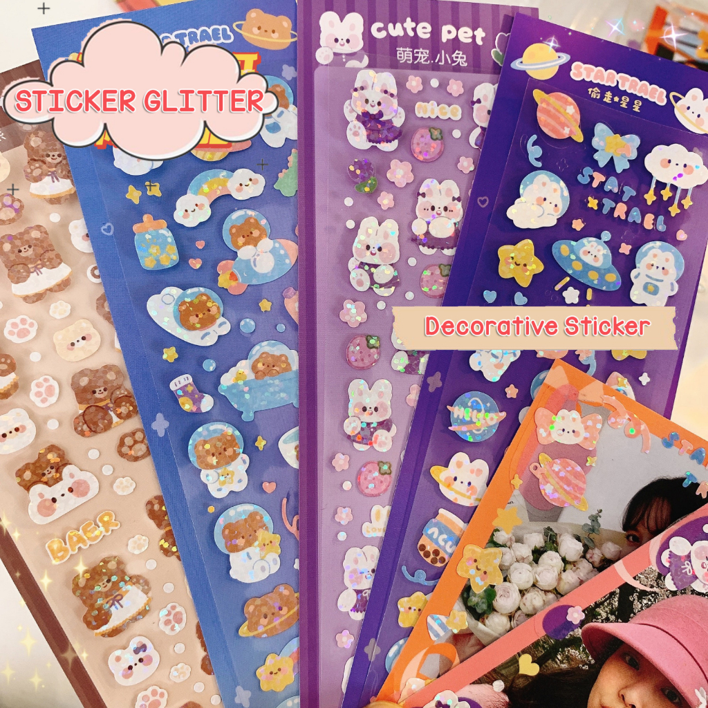 

STIKER LASER SINGLE GLITTER HOLOGRAM MOTIF RABBIT BEAR BUBBLE CUTE LUCU WATERPROOF MODEL KOREA vincess