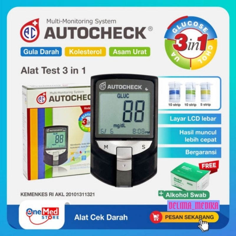 Alat Cek Gula Darah Asam Urat Kolesterol Autocheck 3in1 Gratis Alkohol Swab / Autocheck 3in1 + Free 