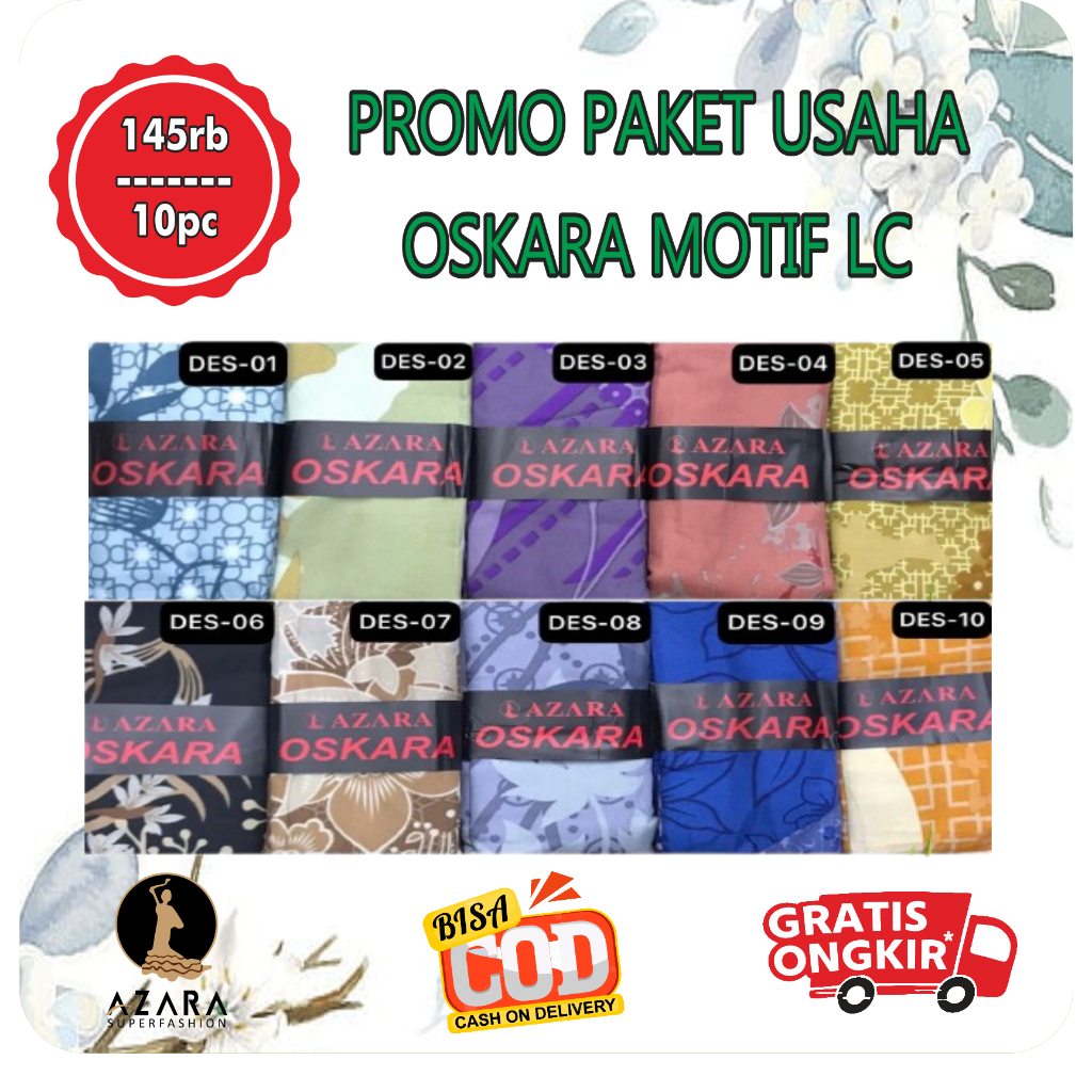 PAKET USAHA ISI 10pc Kerudung Segi Empat Azara Oskara Voal Motif LC Packing Deenay Hijab Jilbab Prom