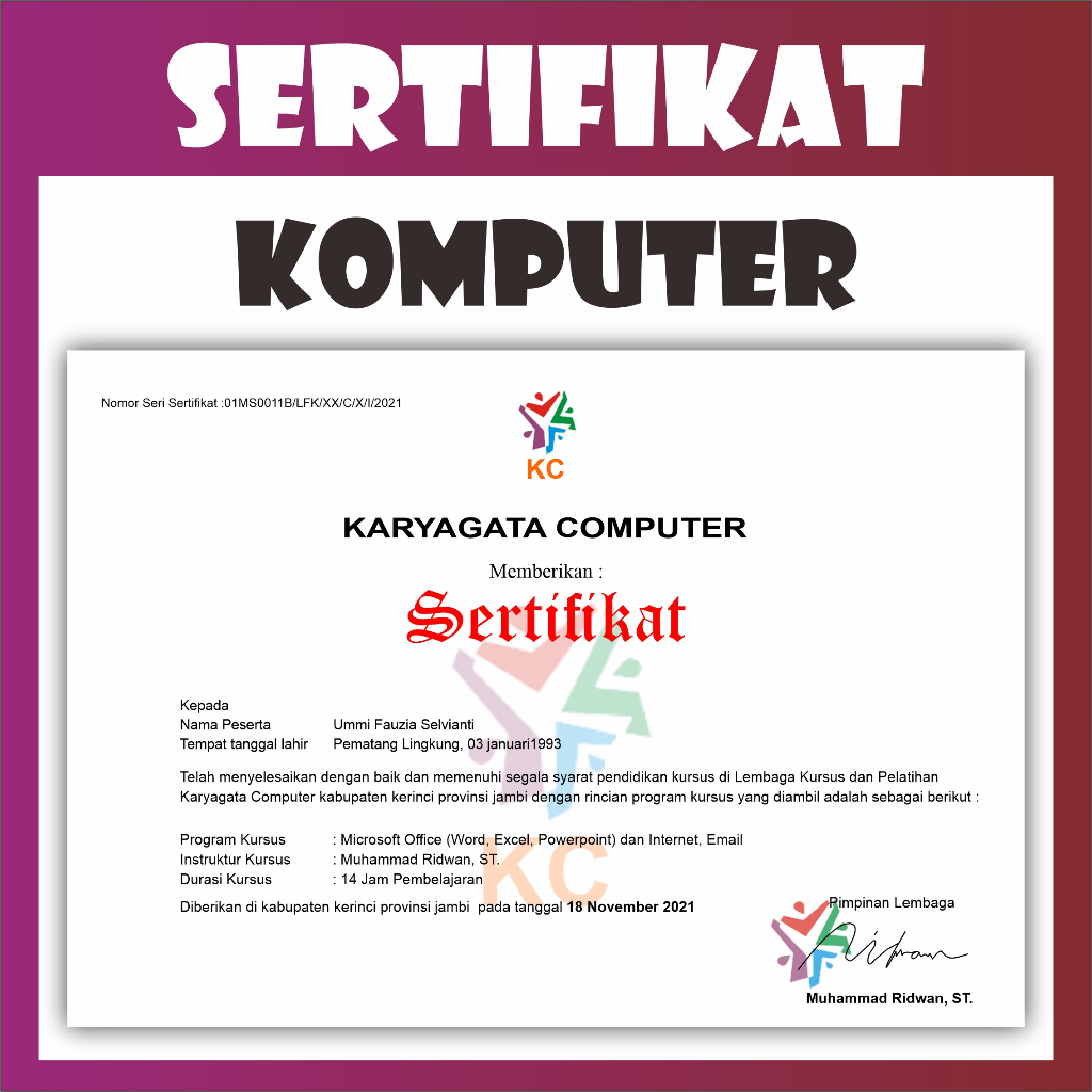 Cetak Sertifikat Komputer Custom