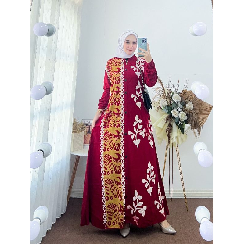 Terbaru Gamis Twill Rayon Pekalongan Full Kancing Warna Merah Merona