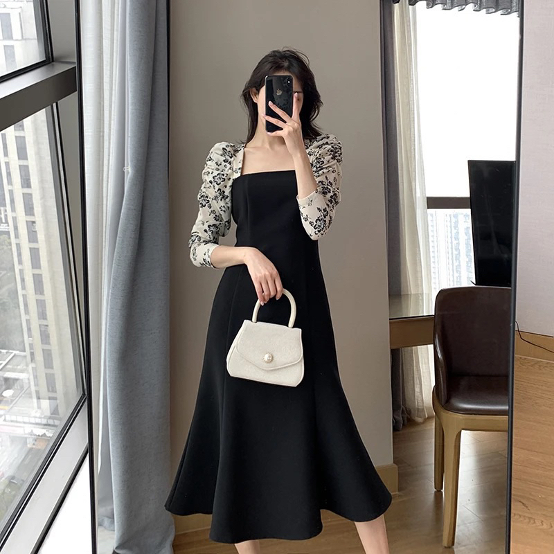 Dress Wanita Floral Lengan Panjang Square Neck Lengan Puff Midi Dres Vintage Gaun Korea Style