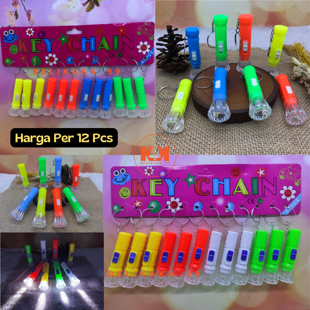 (12 PCS) GANTUNGAN KUNCI SENTER MINI LED WARNA WARNI / GANTUNGAN KUNCI SENTER LED MINI WARNA WARNI