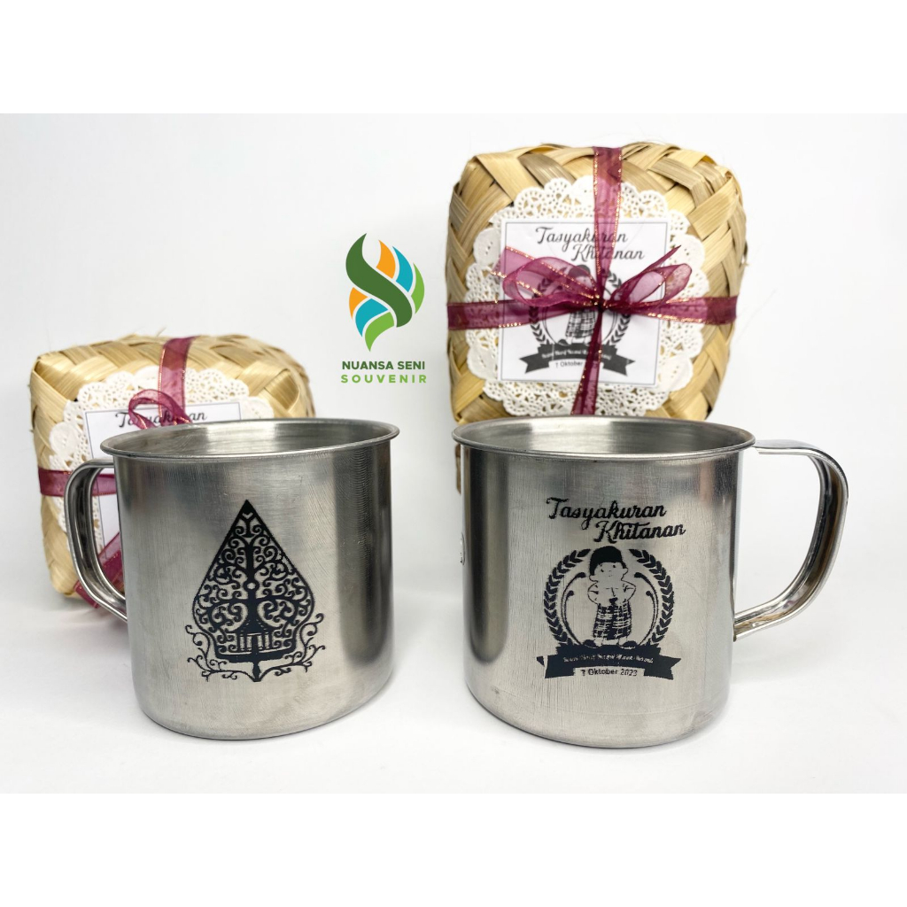 Souvenir Gelas Minum Enamel Stainless Cangkir Gagang Anti Pecah Mug Kopi Jadul Tumbler Sablon