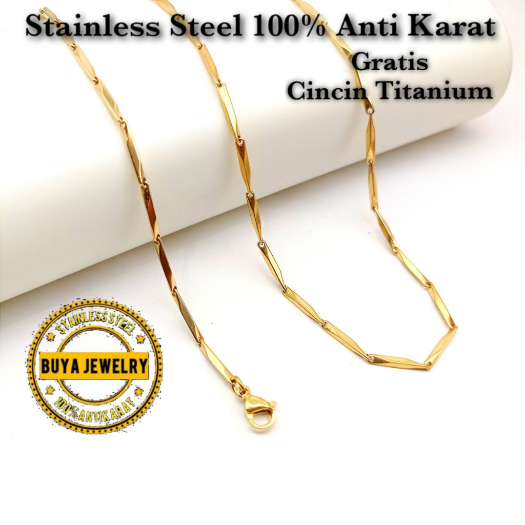 [Gratis Cincin] Kalung Titanium Padi Pria Wanita Gold Emas Putih Silver Cewek Cowok Keren Stainless 