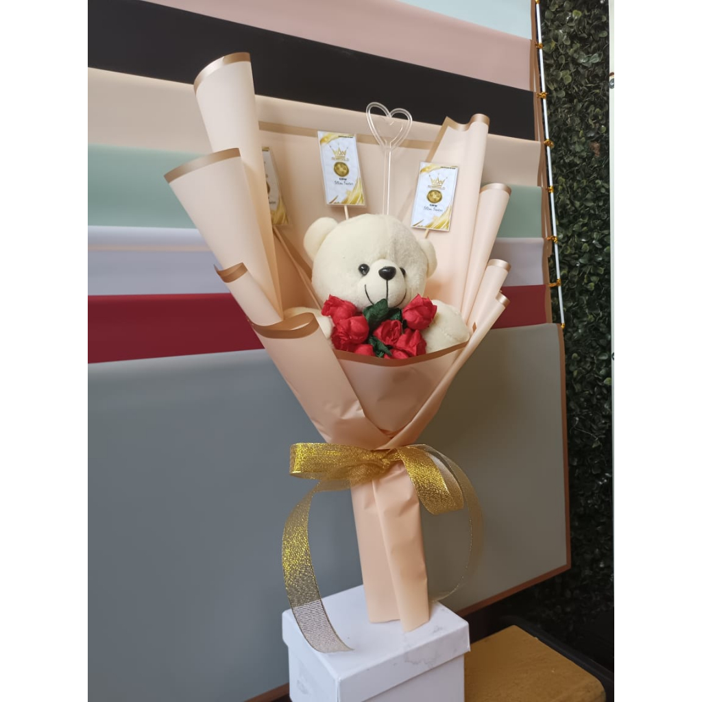 hadiah ultah / anniversary / kado exclusive Buket Boneka Bunga mini Gold Mewah