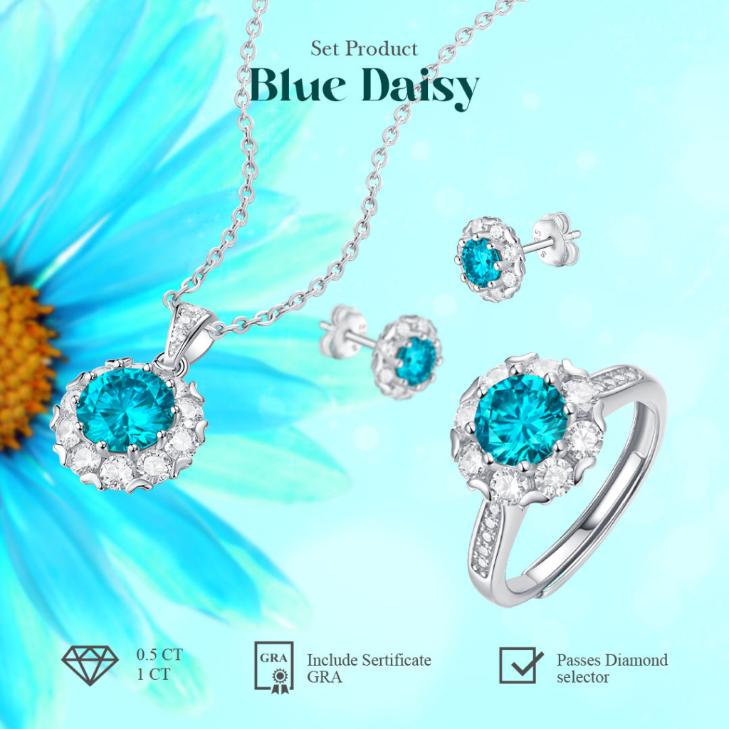 Miracle & Co - SET BLUE DAISY - 1 Set Perhiasan Wanita Cincin, Anting, Kalung Batu Berlian Moissanit