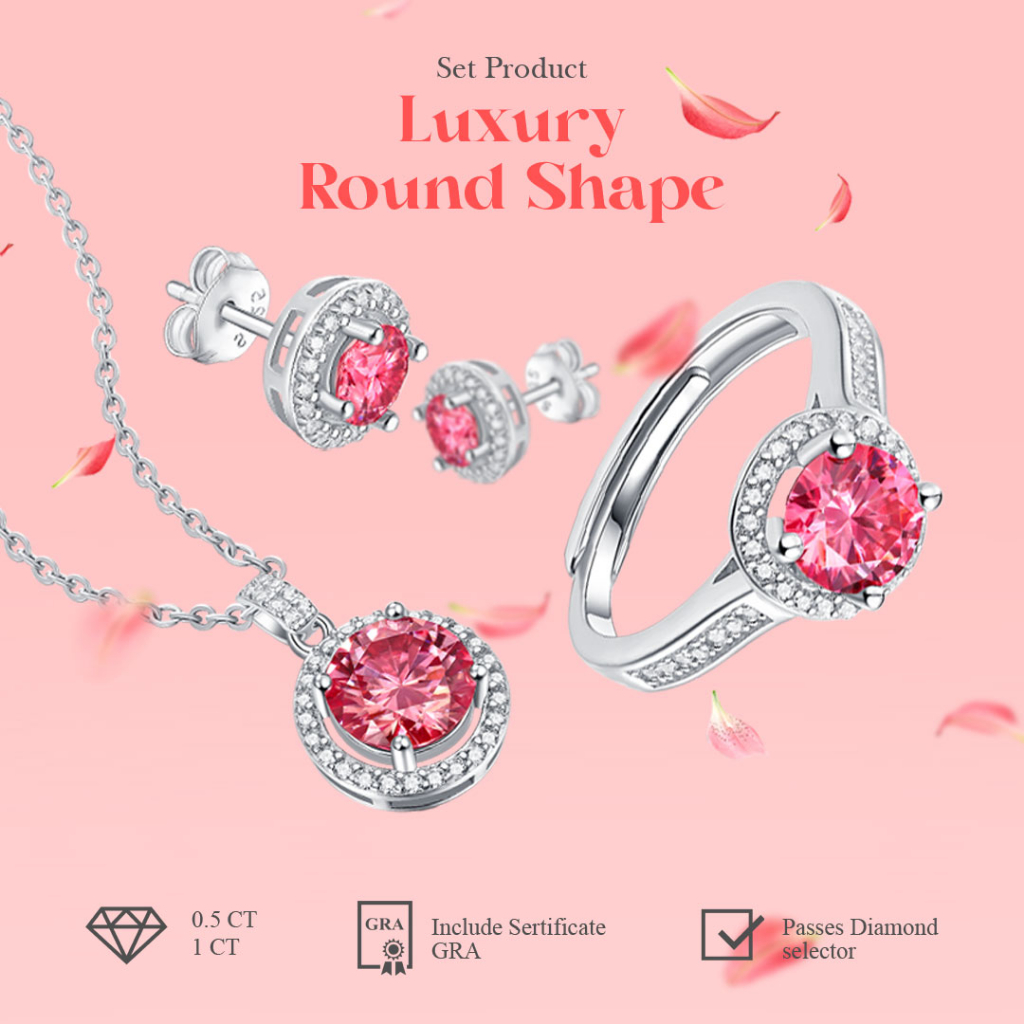 Miracle & Co - SET PINK LUXURY ROUND - 1 Set Perhiasan Wanita Cincin, Anting, Kalung  Batu Berlian M
