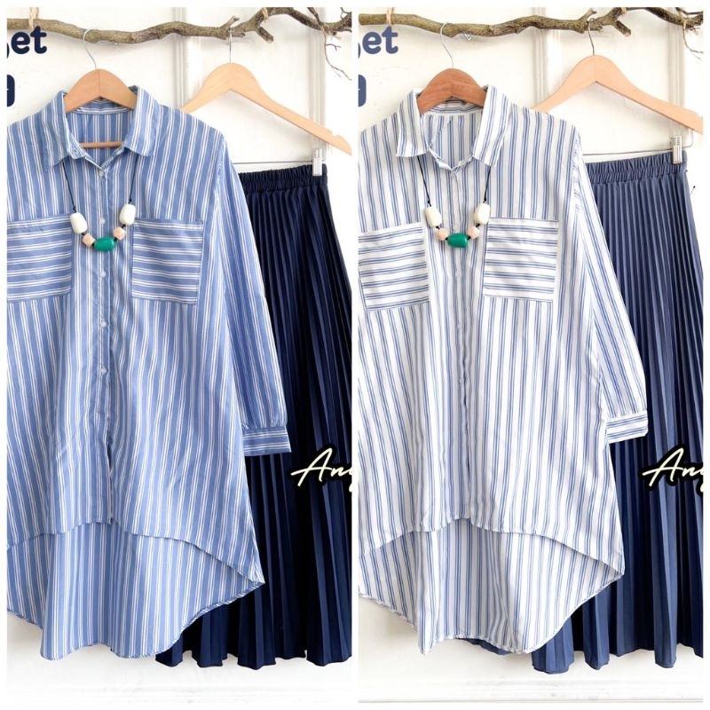 SETELAN WANITA LD 110 CM KEMEJA LONG BACK SALUR DAN ROK PREMIUM FIT XL // ONE SET TUNIK MOTIF STRIPE