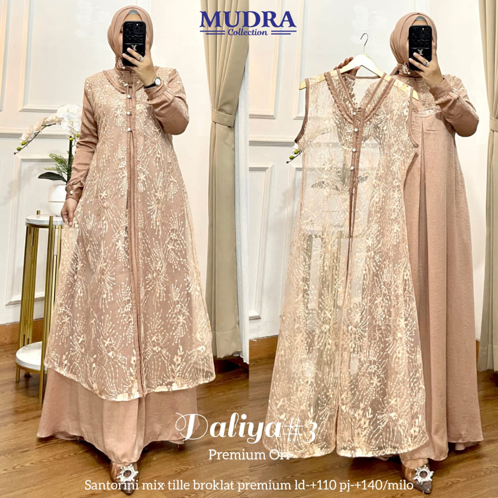 [LD 110] DALIYA #3 GAMIS WANITA PESTA OUTER DRESS BAHAN SANTORINI MIX TILE BRUKAT ORI BY MUDRA HIJAB