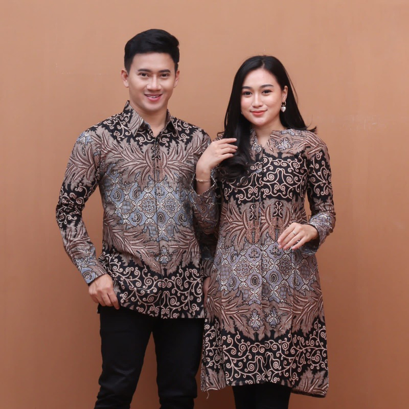 Atasan Batik Tunik Modern Couple Kemeja Pria Lengan Panjang Motif Daun Tales