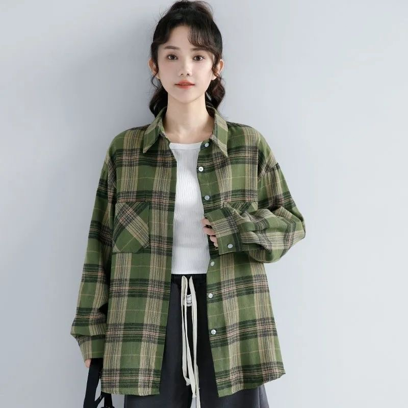 YURUMA Kemeja lengan panjang kotak-kotak hijau untuk wanita Jaket kemeja kardigan retro trendi gaya 