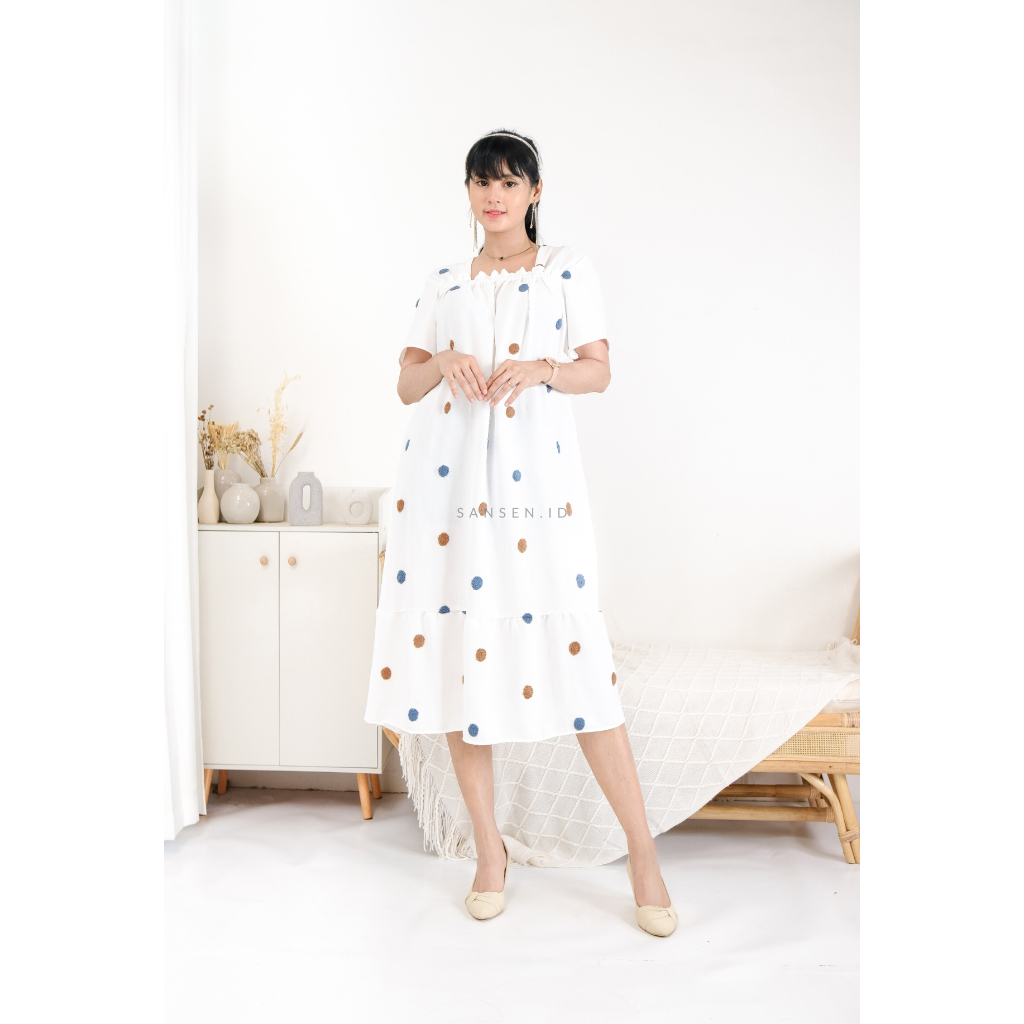 Fuji Pompom Polka Crinkle Airflow Daster Pakaian Wanita Dress Murah