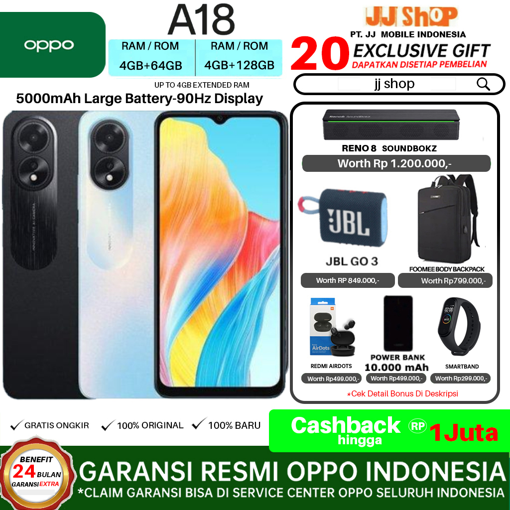 OPPO A18 & OPPO A3X 6/128 4/128 4/64 GB RAM 6GB 4GB ROM 128GB 64GB GARANSI RESMI