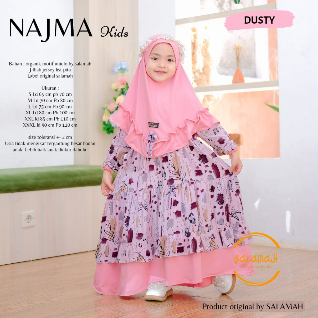 Gamis anak NAJMA KIDS Plus Jilbab Model Syari | usia 2 3 4 5 6 7 8 9 11 - 15 tahun | by Salamah Gros