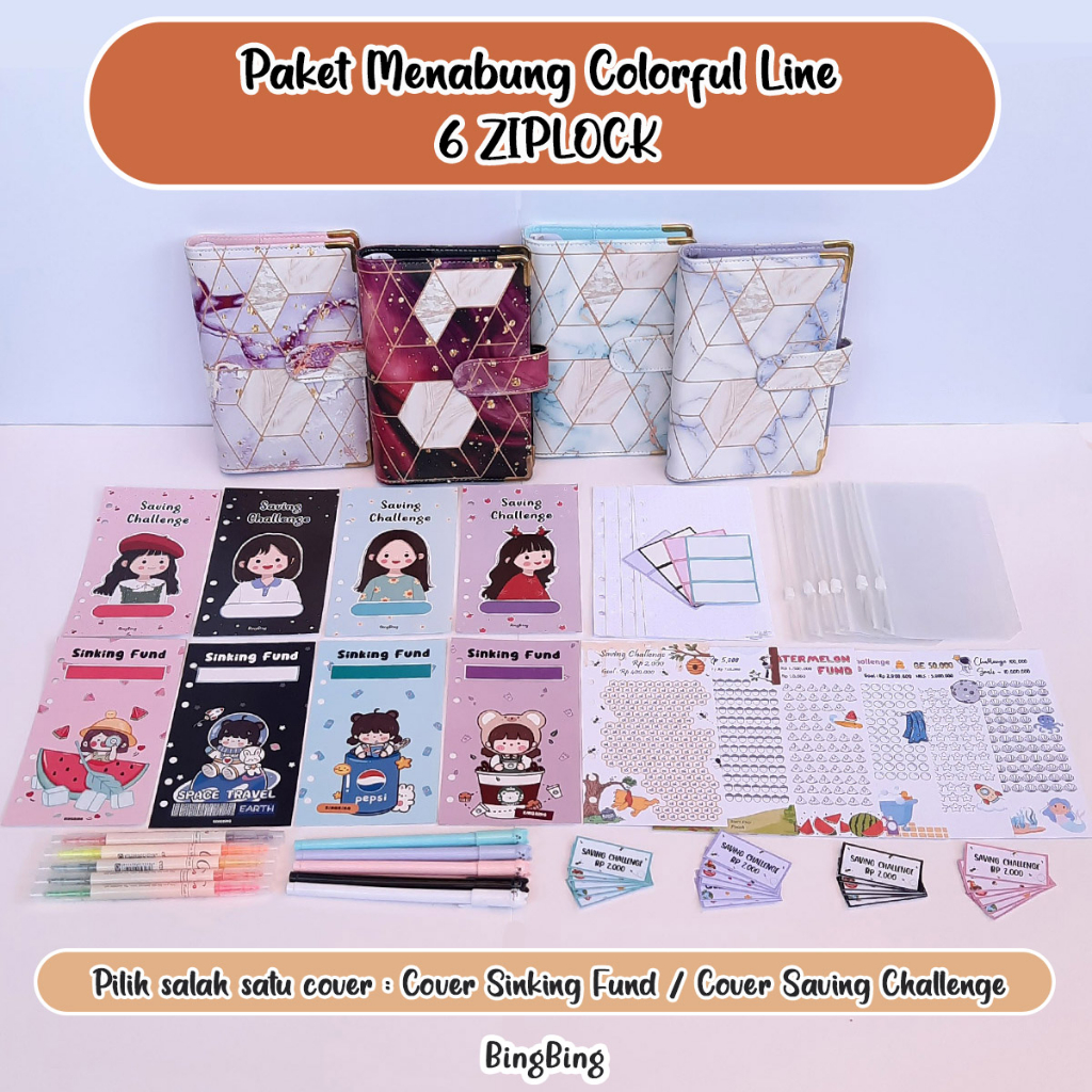 

[6 ZIPLOCK] PAKET BINDER MENABUNG COLORFUL LINE A6 6 RING (6 LUBANG)