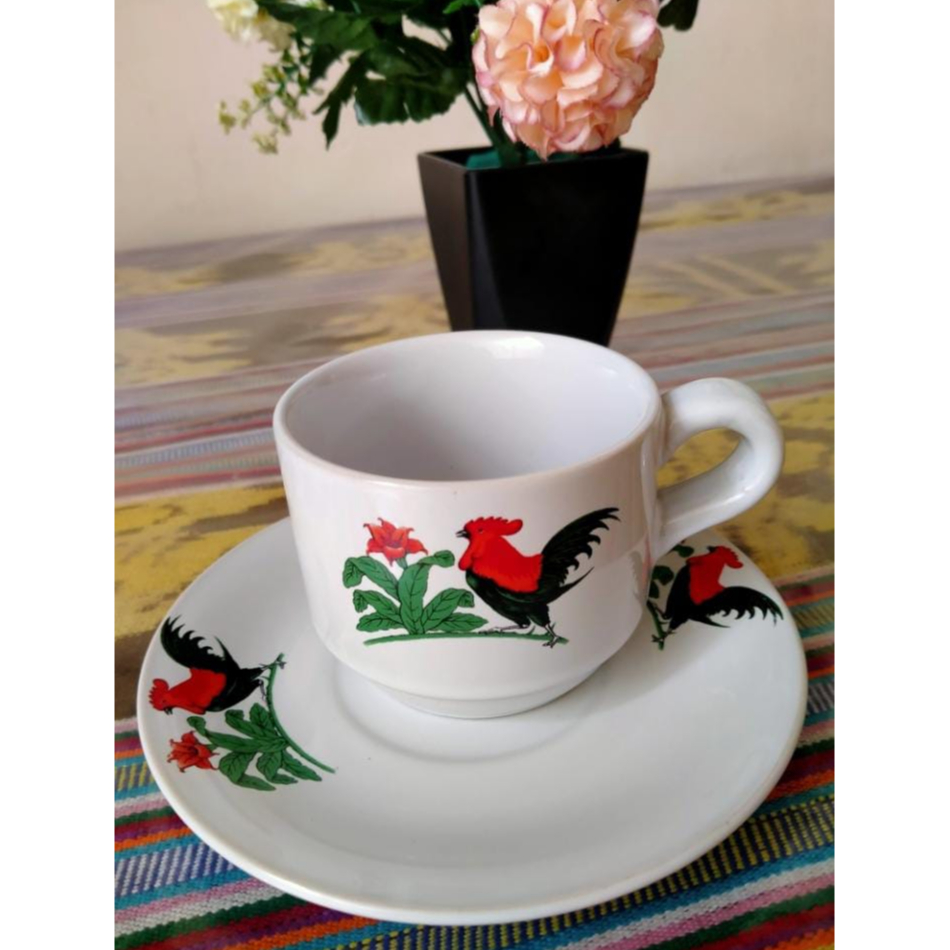 Cangkir Set Motif Ayam Jago 12 pcs isi 6 tatakan & 6 cangkir-Gelas kopi teh