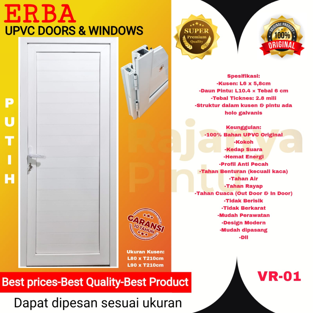 Pintu Utama/PintuKamar/PintuKantor-UPVC ERBA Super Premium-VR 01-Putih