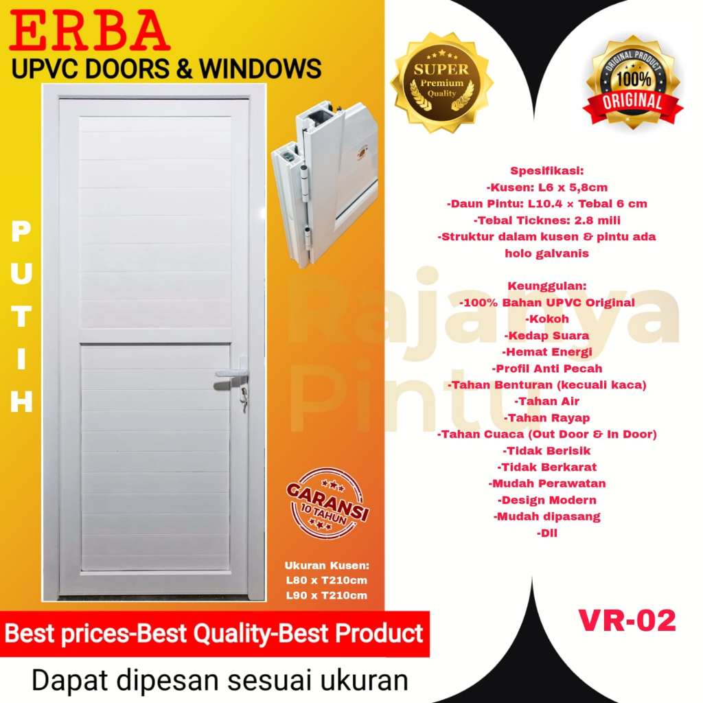 Pintu Utama/Pintu Kamar/Pintu Kantor-UPVC ERBA Super Premium-VR 02-Putih