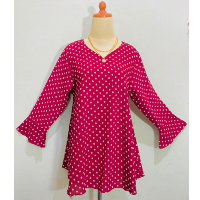 Atasan blouse blus semi tunik lengan panjang model terompet vintage bahan waffle anti kusut motif po