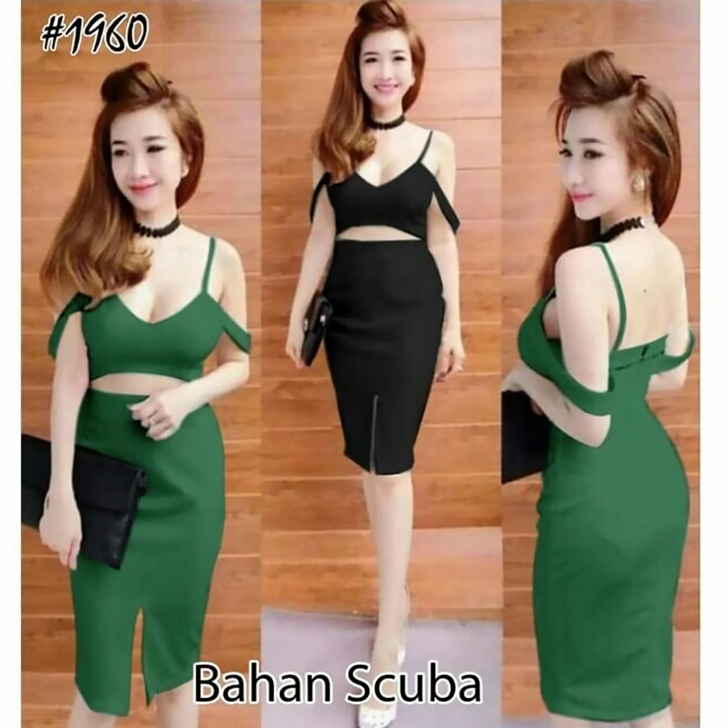 Dress Sexy Wanita 1960 Iris Untuk Acara Akhir Tahun Newyear Imlek - Midi Dress Hitam dan Hijau Bahan