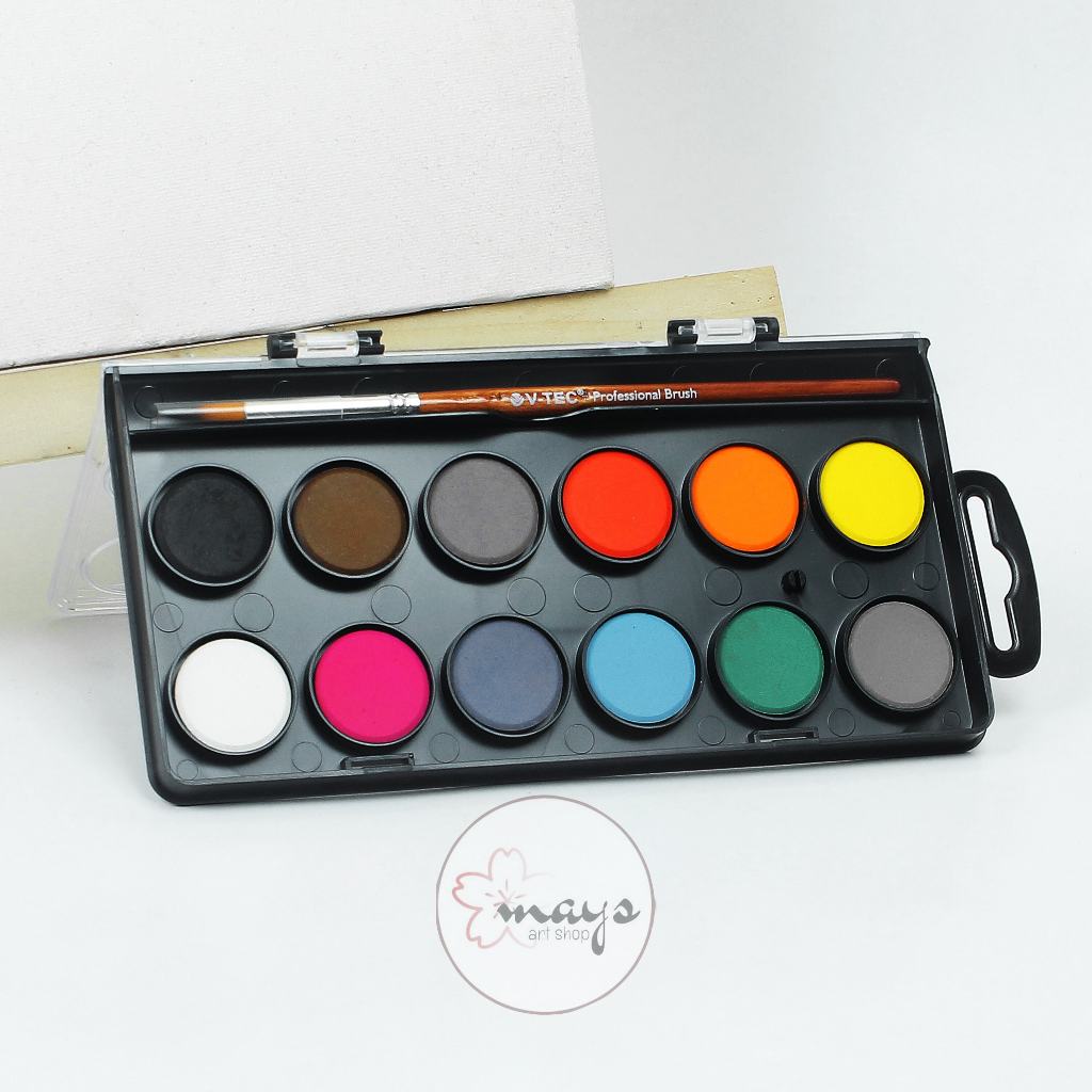 

V-Tec Solid Watercolor Aquarelle Set Paint - Cat Air Padat Isi 12 Warna Terang Vtec 23 mm - Cat Lukis Watercolour Mini Acquerelli Color Colour Colors Set Kuas