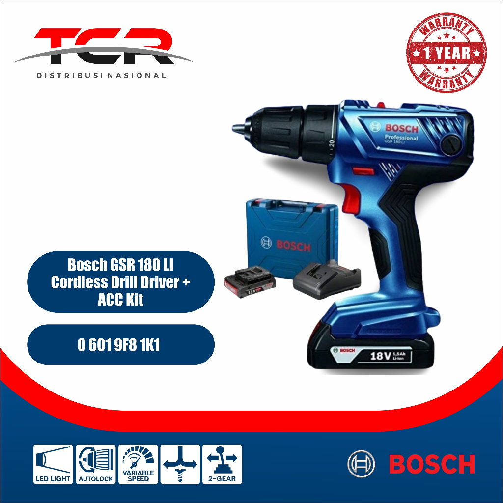 Bosch GSR 180-LI + ACC KIT Cordliess Drill Driver [06019F81K1] / Mesin Bor Kayu & Besi 13mm