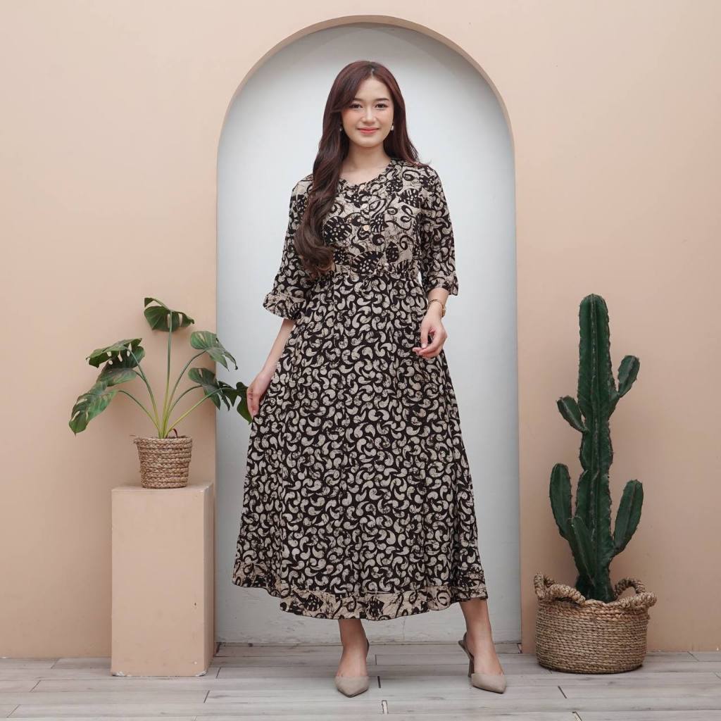 Dress Maura Daster Maura Dila Putri Motif Koma Daun Daster Karet