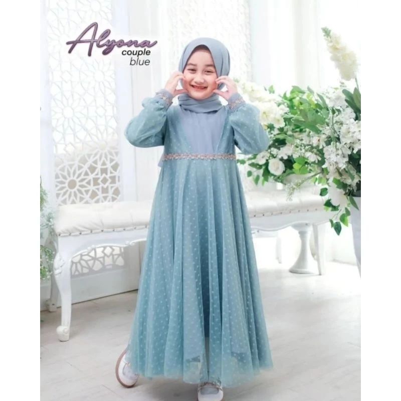 Alyona Dress Kids Gamis Anak Perempuan Usia 6-8tahun Bahan Syakila Mix tille Dot/Dress Muslim Anak Terlaris/Baju Pesta Anak kekinian/Busana Muslim Anak