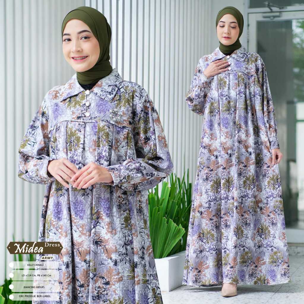 Midea Dress Wanita Muslim Kelly Cringkle Motif Bunga