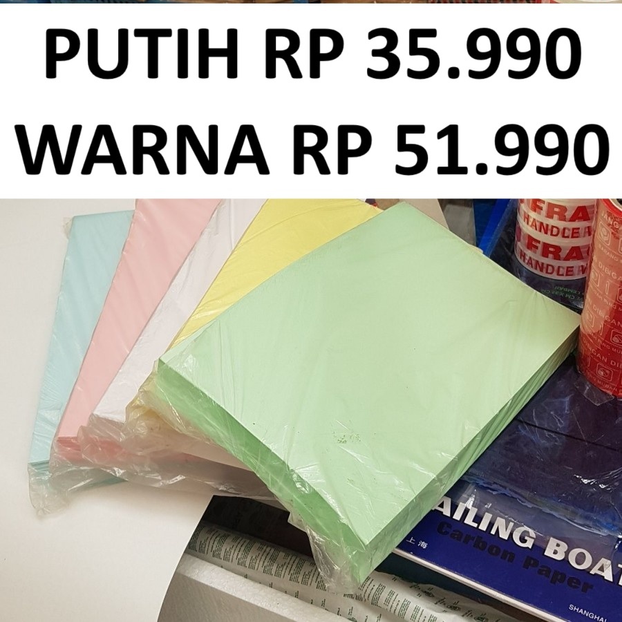 

Kertas Doorslag F4 Merah Hijau Kuning Biru Putih 21,5x33cm - 1 Pack Isi 500 Lembar