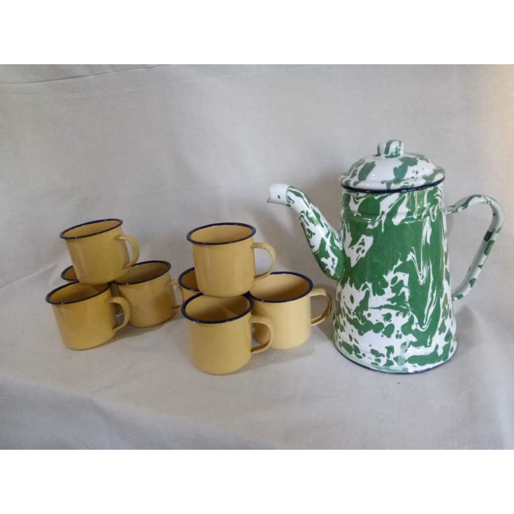 Satu set teko blirik & 8pcs cangkir 7cm polos enamel jadul klasik termurah