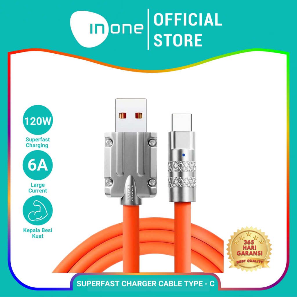 INONE Kabel Data Type C / Lightning Fast Charging Panjang 1 Meter USB Kabel Data Durable Silicon Orange Untuk Handphone Android/Ios