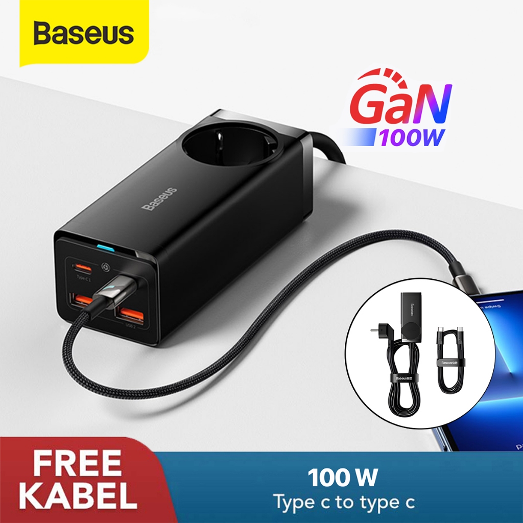 Baseus Gan3 Pro Kepala Charger 100W Fast Charging 4IN1 Adaptor USB Type-C  + 1 AC Inverter