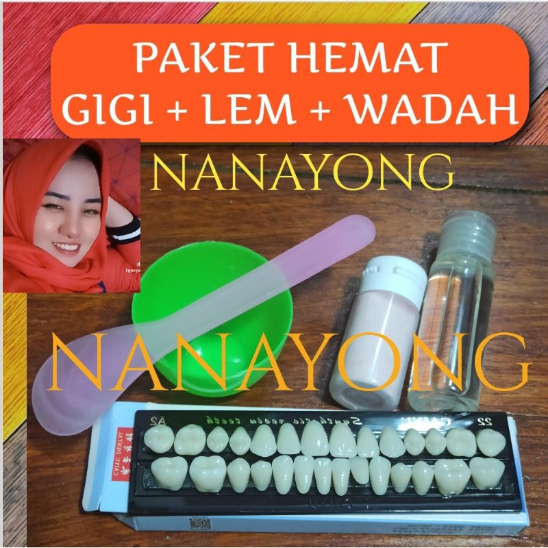 GIGI PALSU+LEM+WADAH PENGADUK#PAKET PASANG GIGI PALSU