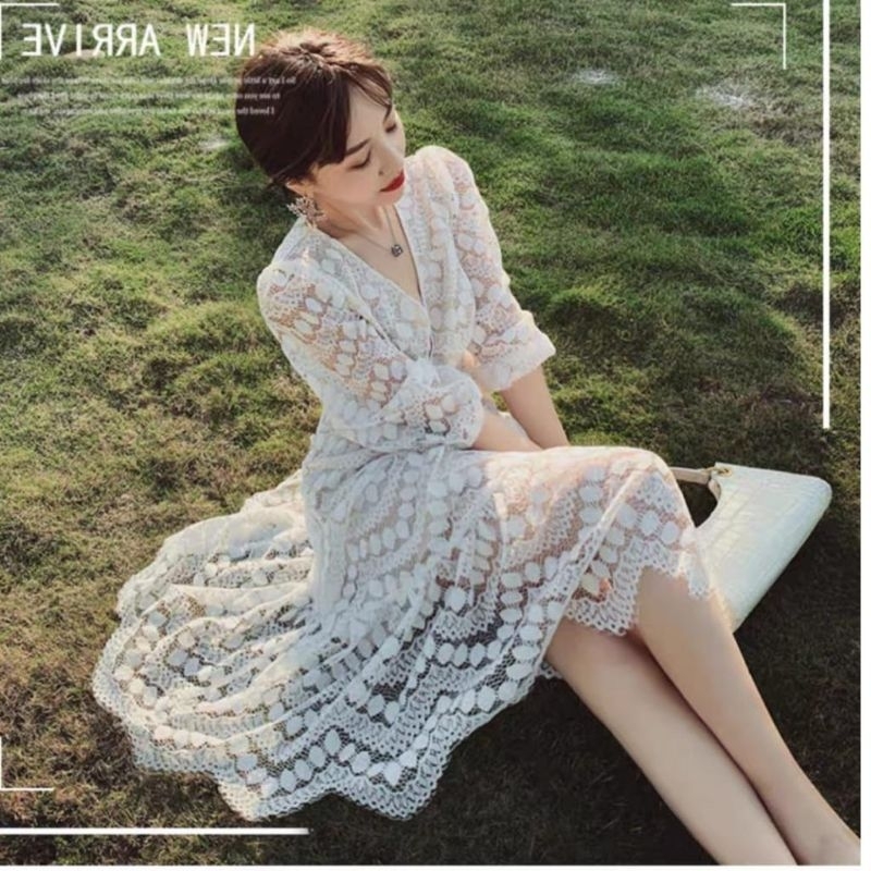 0965 Fashion sale murah  promo gaya korea mini dress dres dressed lengan panjang leher vi neck korea