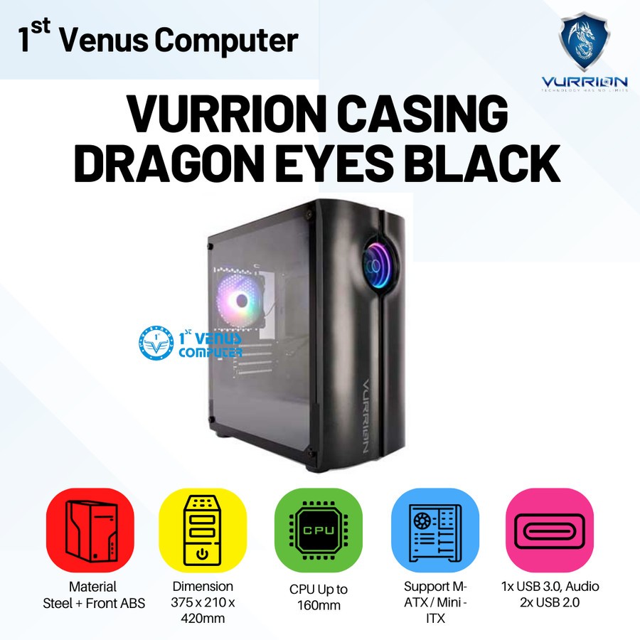 CASING PC GAMING VURRION DRAGON EYES BLACK M-ATX ABS CASE CPU + 1 FAN RGB / CASE06-VUR