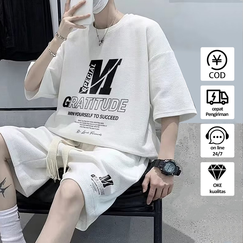 setelan olahraga pria baju dan celana one set korean style ootd pria set hitam/putih/abu-abu kekinia