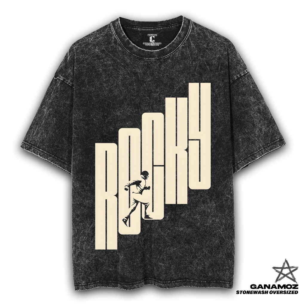 GANAMOZ Kaos Film ROCKY Stone Wash Oversize T-shirt | Kaos Oversize Wanita | Kaos Oversize Pria | Ka
