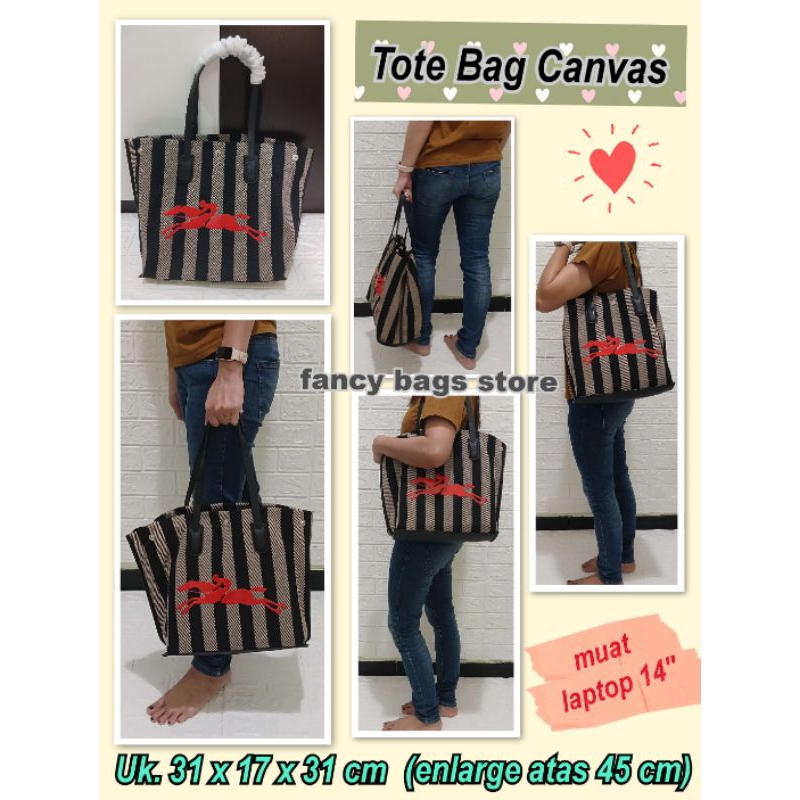 LC Tote Bag Canvas - Tote Stripe Canvas - Tas Bahu - Tas Wanita