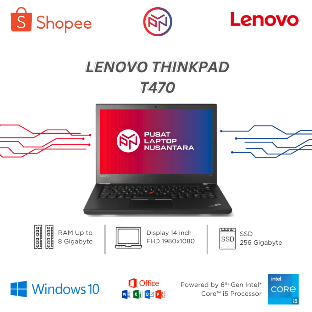 Laptop Lenovo Thinkpad T470 Core i5 GEN 6/RAM 8-16GB/SSD 256GB Bergaransi Second Like New