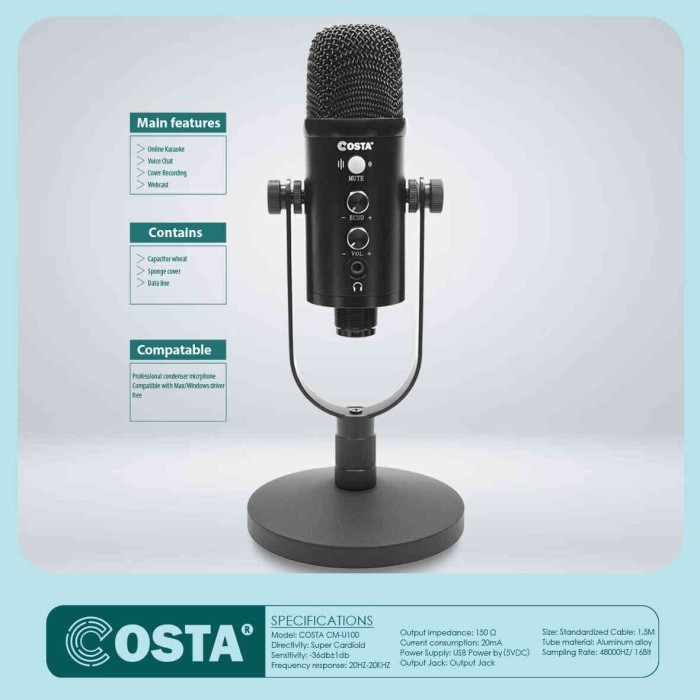 COSTA CM-U100 Professional Condenser Microphone USB Podcast Recording