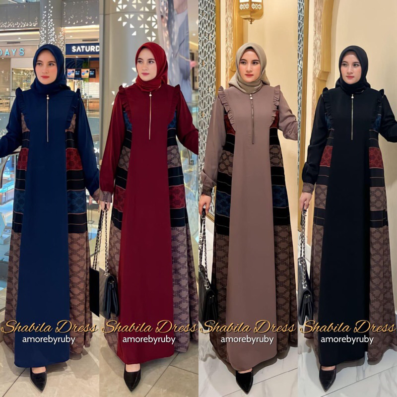 Dress Shabila Original AmooreRuby Maroon Navy Hitam Mocca Chasmer Print Mix Prada Crepe Baju Kondang
