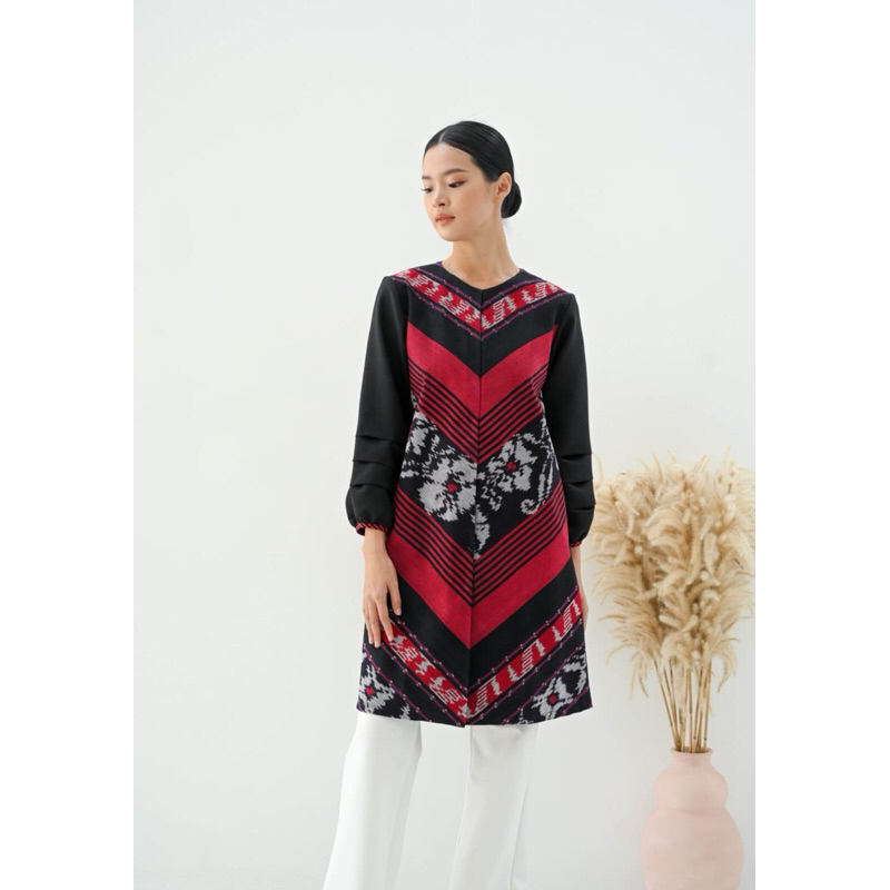 Tunik tenun wanita bunga merah baju tenun jepara fashion Wanita Dress tenun jumbo Dress murah