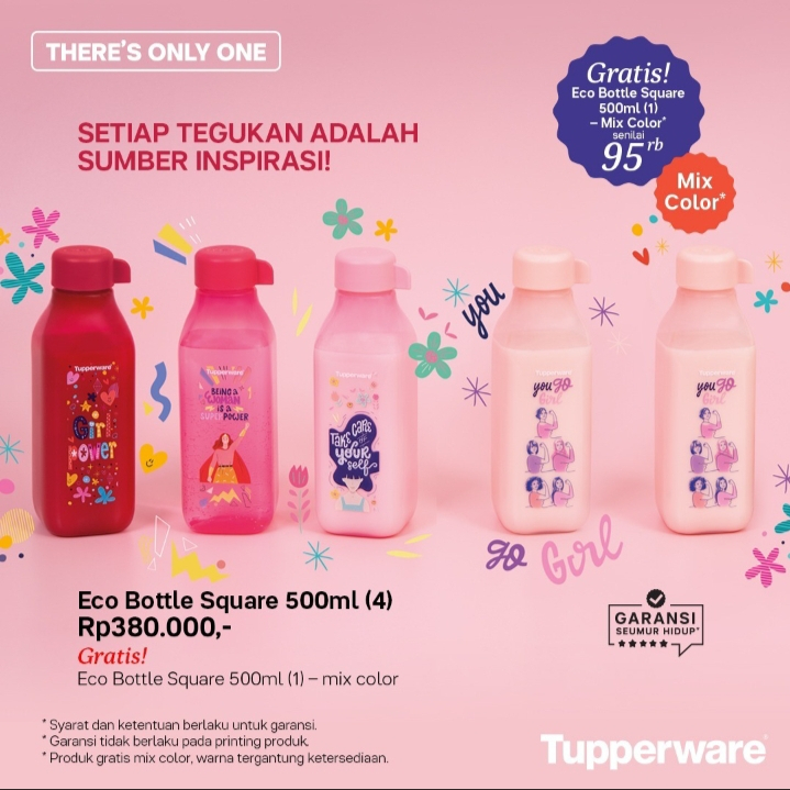 TUPPERWARE ECO BOTTLE SQUARE 500ML (4) GRATIS (1) - BOTOL MINUM 500ML
